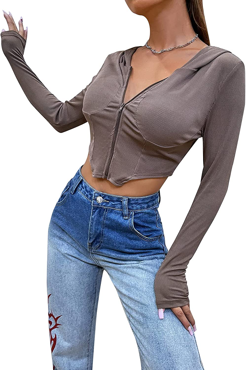 SheIn Women's Asymmetrical Hem Zipper Front Crop Hoodie Long Sleeve Ribbed Knit Sweatshirt