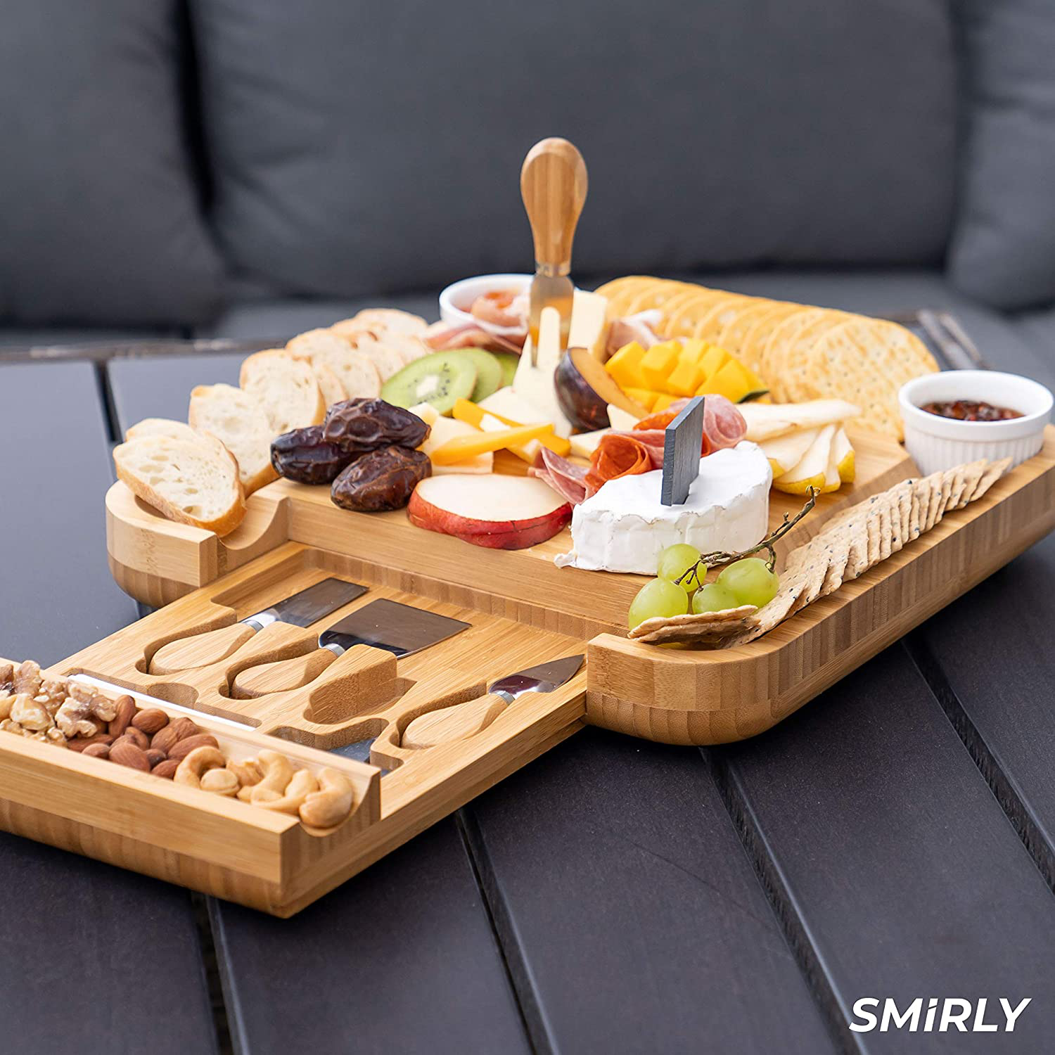 SMIRLY Cheese Board and Knife Set - Charcuterie Board Set, Bamboo Cheese Board Set - Wine, Meat, Cheese Platter - Housewarming Gift for Women, Wedding & Anniversary Gift for Couple, Bridal Shower Gift