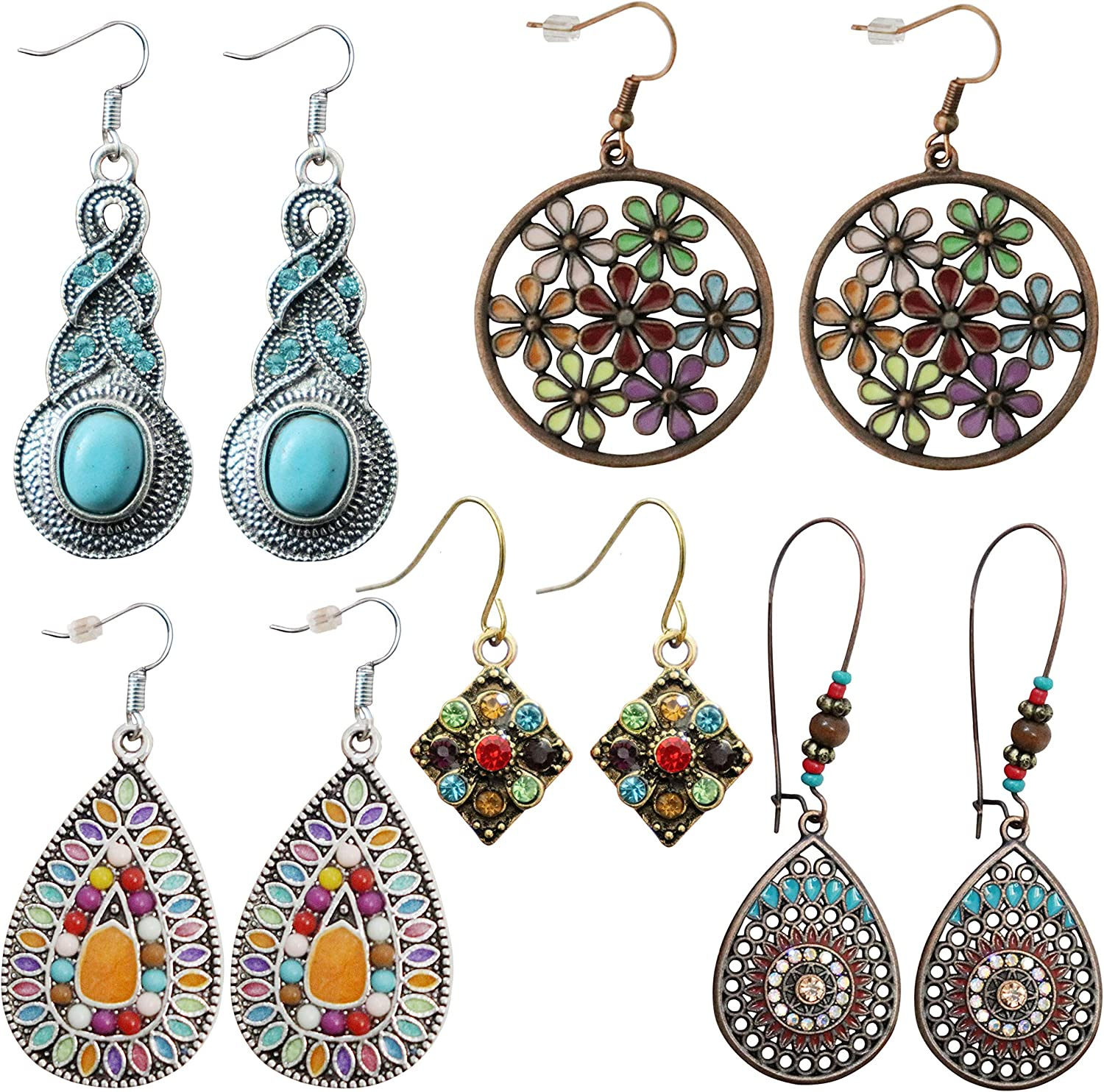 5 Pairs National Style Bohemian Vintage Dangle Earrings Ethnic Petal Beaded Statement Hollow Water Drop Shaped Alloy Long Boho Retro Rhinestone Earring for Women Girls