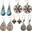 5 Pairs National Style Bohemian Vintage Dangle Earrings Ethnic Petal Beaded Statement Hollow Water Drop Shaped Alloy Long Boho Retro Rhinestone Earring for Women Girls