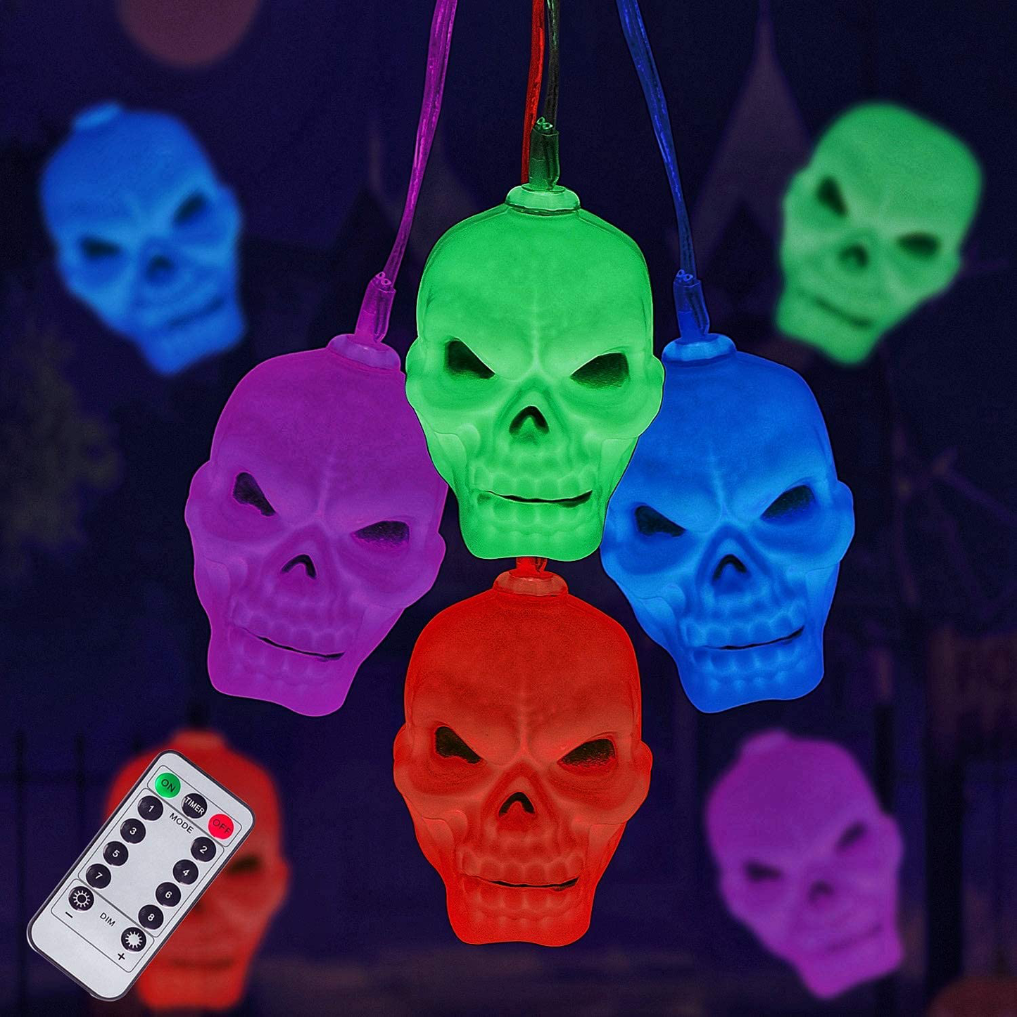 Halloween Skeleton Skull String Lights, Halloween Decoration Spooky Lights with 30 LEDs，Waterproof 8 Modes Twinkle Lights，Halloween Indoor/Outdoor Party, Yard, Haunted House Decorations（Multi）
