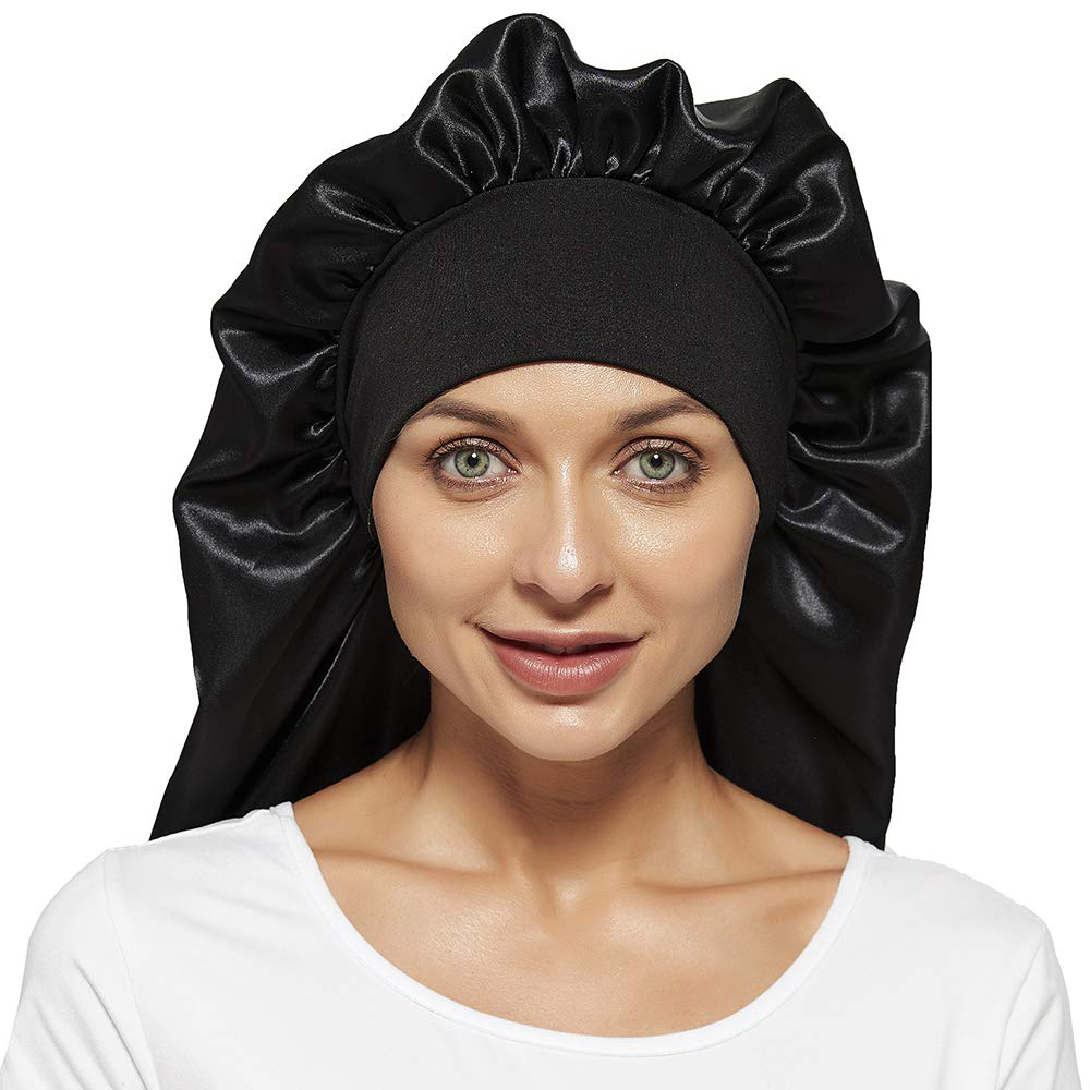 2 Pcs Hair Bonnets for Women Satin, Black Leopard Soft Elastic Band Silky Sleeping Cap Big Bonnets for Women Bonnet for Braids