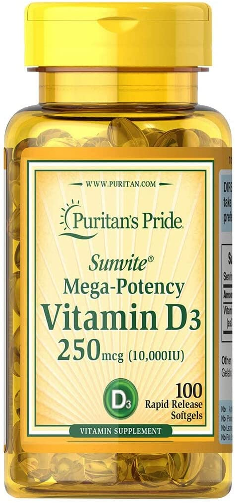 Puritans Pride Vitamin D3 10000 IU Bolsters Health Immune System Support and Healthy Bones & Teeth Softgels, Yellow, 100 Count