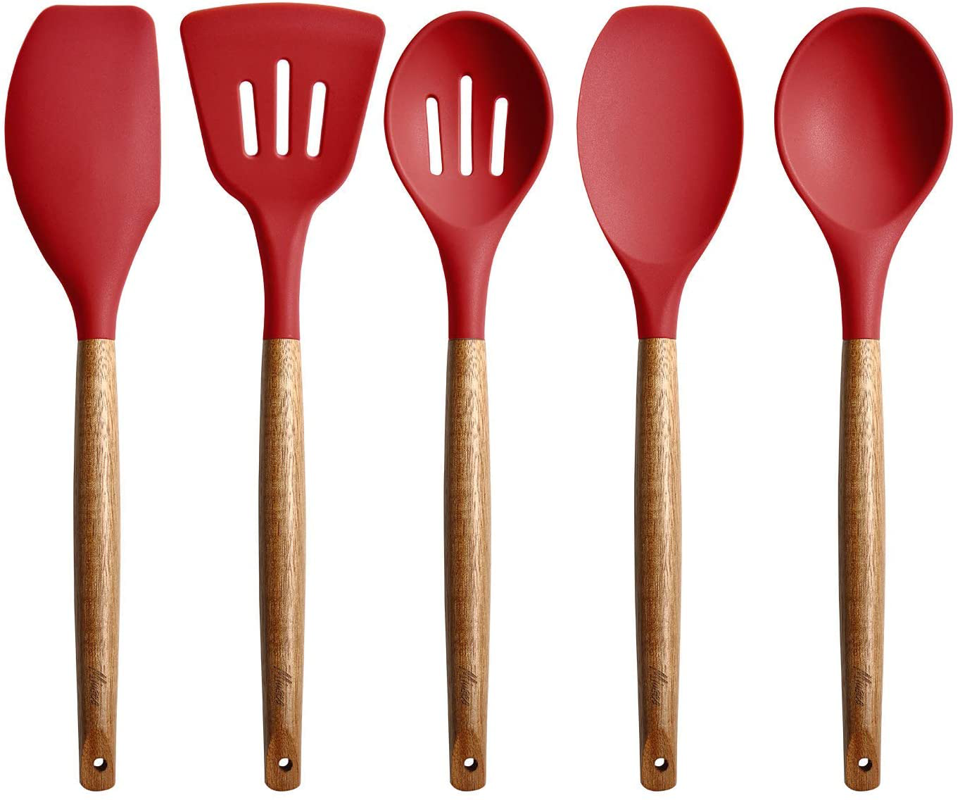 Miusco Non-Stick Silicone Cooking Utensils Set with Natural Acacia Hard Wood Handle, 5 Piece, High Heat Resistant