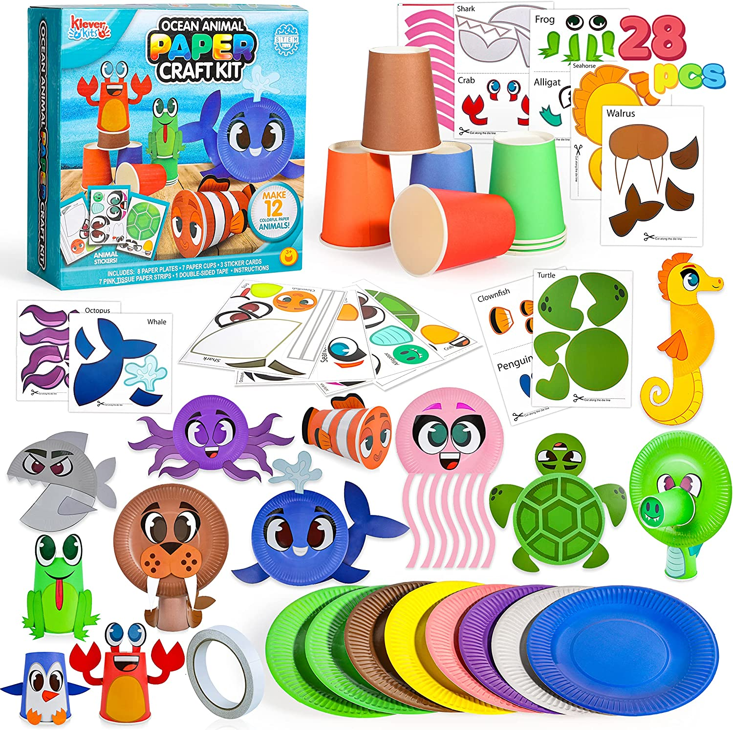 Arts and Crafts for Kids Ages 2-4 3-5, 28PCS Fun Paper Plate Crafts, Ocean Animal Craft Kits for Toddlers, Art Project Kits for Preschoolers, DIY Children Activities for Boys and Grils