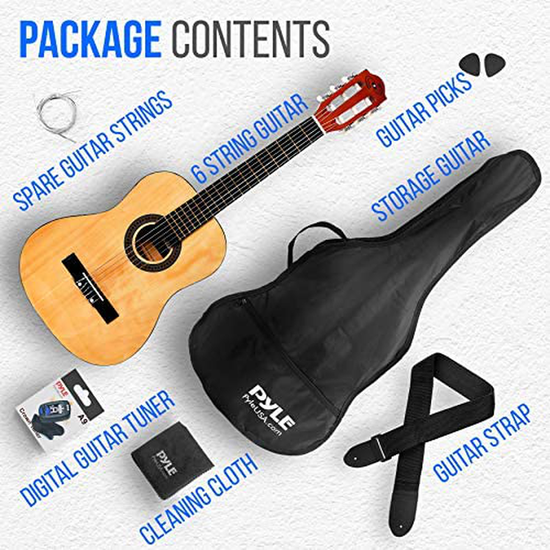 Beginner 30” Classical Acoustic Guitar - 1/4 Junior Size 6 String Linden Wood Guitar W/ Gig Bag, Tuner, Nylon Strings, Picks, Strap, for Beginners, Adults - Pyle PGACLS30