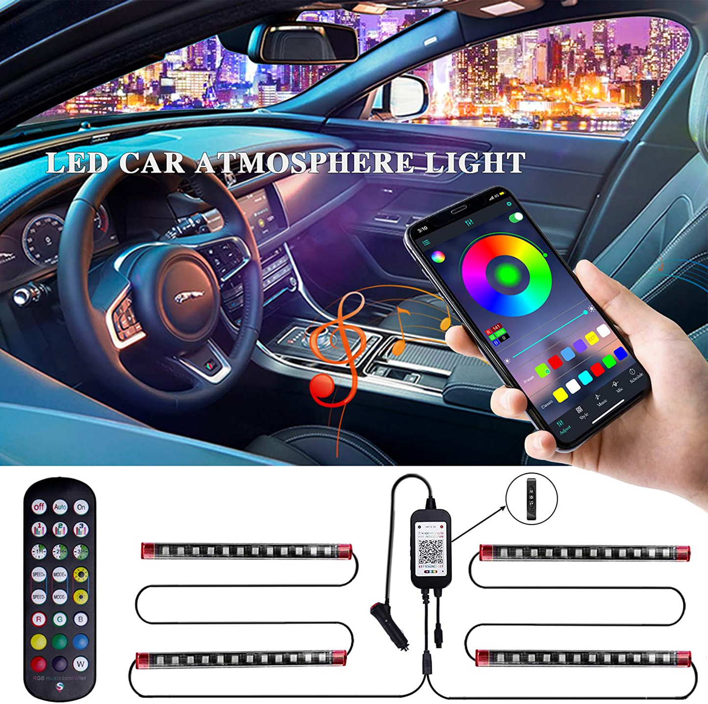 LivTee 12V Interior Car Lights, Newest Two-Line Design 4pcs 48 LED Multi DIY Color Music Under Dash Car Lighting Waterproof Kits with Wireless Remote & APP Control, Car Charger Included