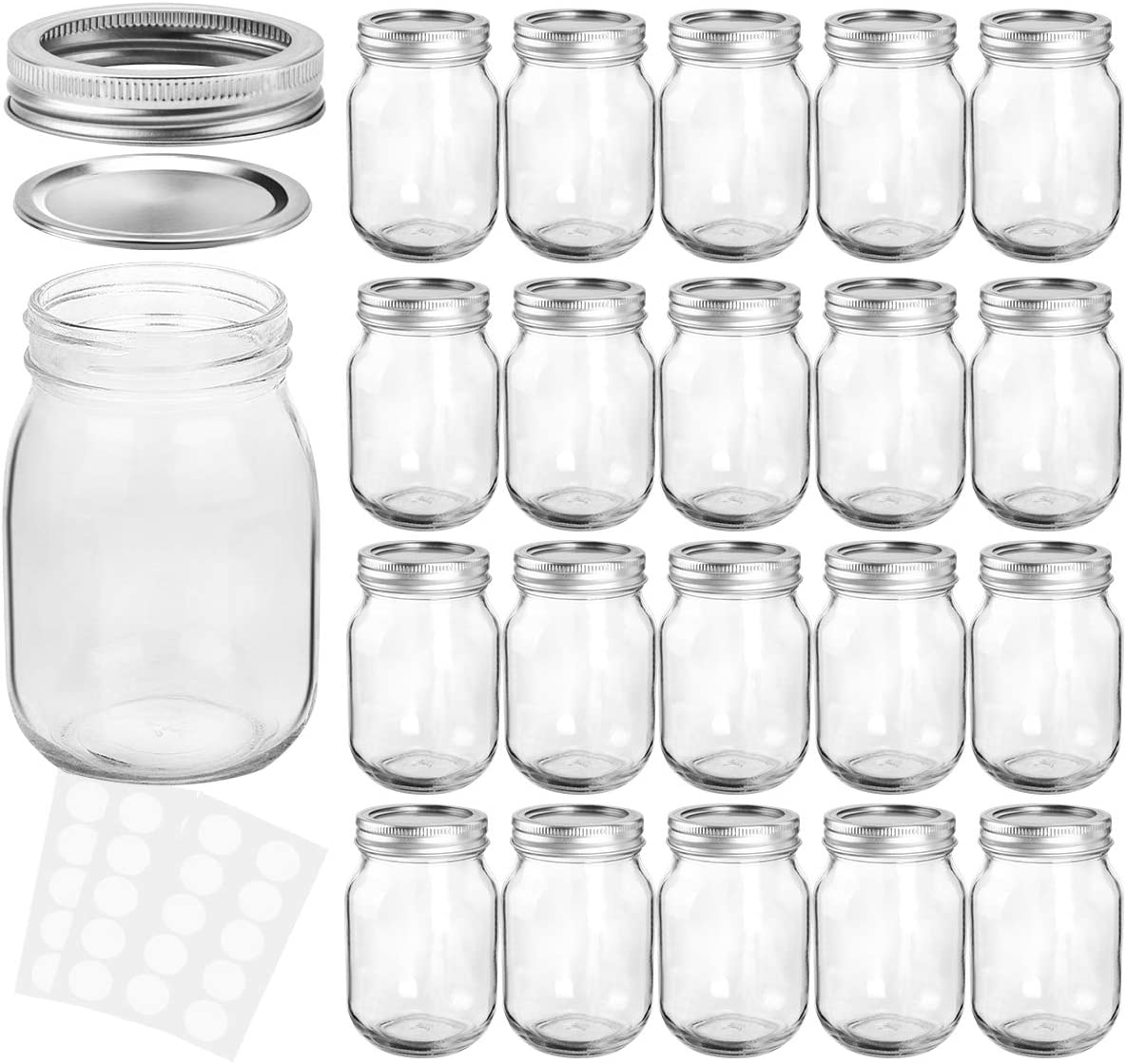 KAMOTA Mason Jars 12 oz With Regular Lids and Bands, Ideal for Jam, Honey, Wedding Favors, Shower Favors, Baby Foods, DIY Magnetic Spice Jars, 20 PACK, 30 Whiteboard Labels Included