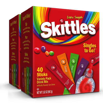 Skittles Zero Sugar Low Calorie Singles to Go Bulk Variety Pack Drink Mix, 4 Fruity Flavors: Strawberry, Orange, Green Apple and Grape, Assortment, 80 Count