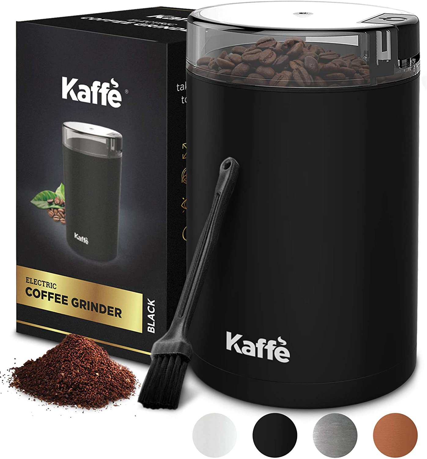 Kaffe Electric Coffee Grinder - Black - 3oz Capacity with Easy On/Off Button. Cleaning Brush Included. Grind Fresh Coffee Beans Every Time!