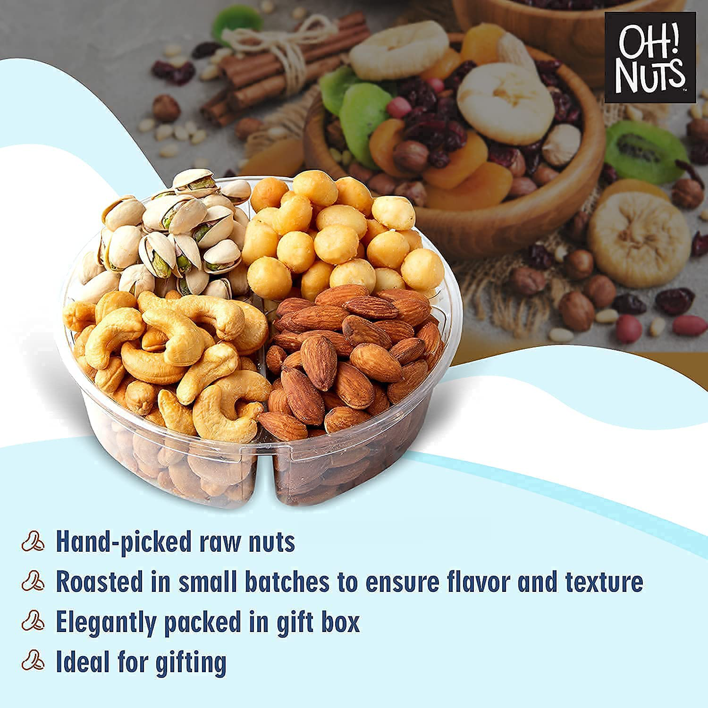 Oh! Nuts Gourmet Nut Gift Baskets, Freshly Roasted Party Tray, Prime Basket Gift Idea for Hanukkah, Thanksgiving, Christmas, Valentines Day, Men & Woman Birthday, Sympathy -4 Section Nut Gift Basket