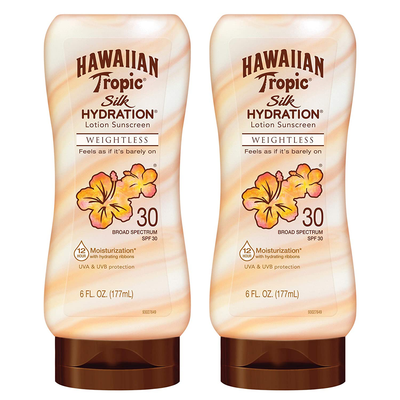 Hawaiian Tropic SPF 30 Broad Spectrum Sunscreen, Silk Hydration Weightless Moisturizing Sunscreen Lotion, 6 Fl Oz, Twin Pack