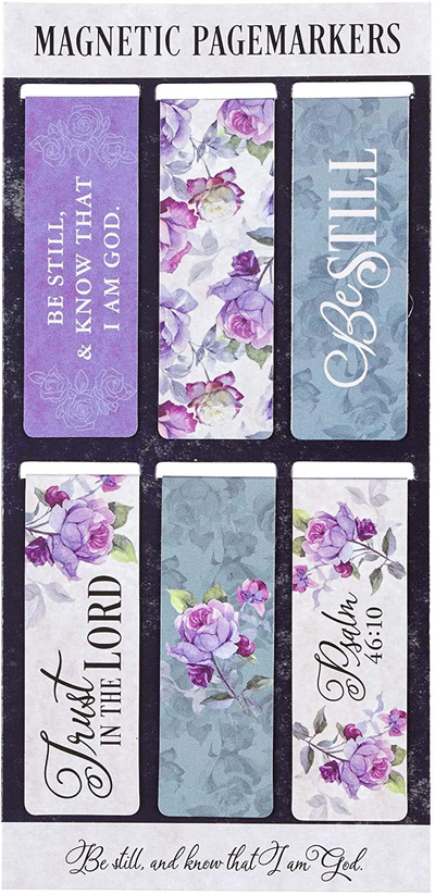 Christian Art Gifts Set of 6 Be Still and Know - Psalm 46:10 Purple Roses Inspirational Magnetic Bible Verse Bookmark with Scripture, Size Small 2.3" x .75"