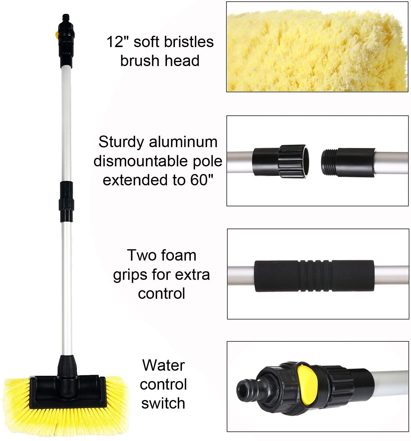 CARCAREZ 12" Flow Thru Dip Car Wash Brush Head with Soft Bristle for Auto RV Truck Boat Camper Exterior Washing Cleaning (Brush with 60" Handle)