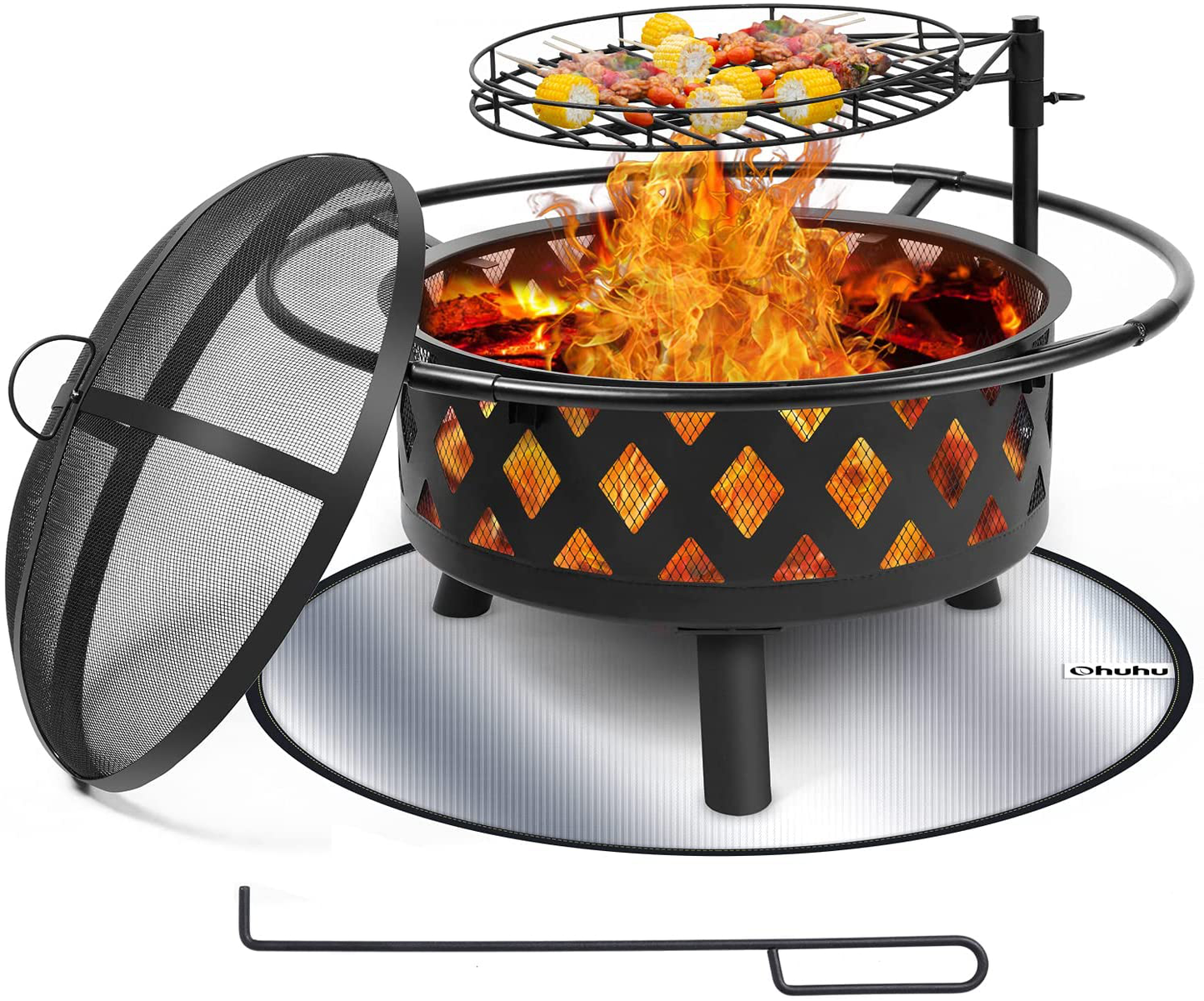 30 Inch Large Fire Pit with Cooking Grate for Outside, Ohuhu 2-in-1 Outdoor Wood Burning Fire Pits with Fireproof Mat, Mesh Lid & Poker, BBQ Grill Firepit for Patio Backyard Garden Camping Bonfire