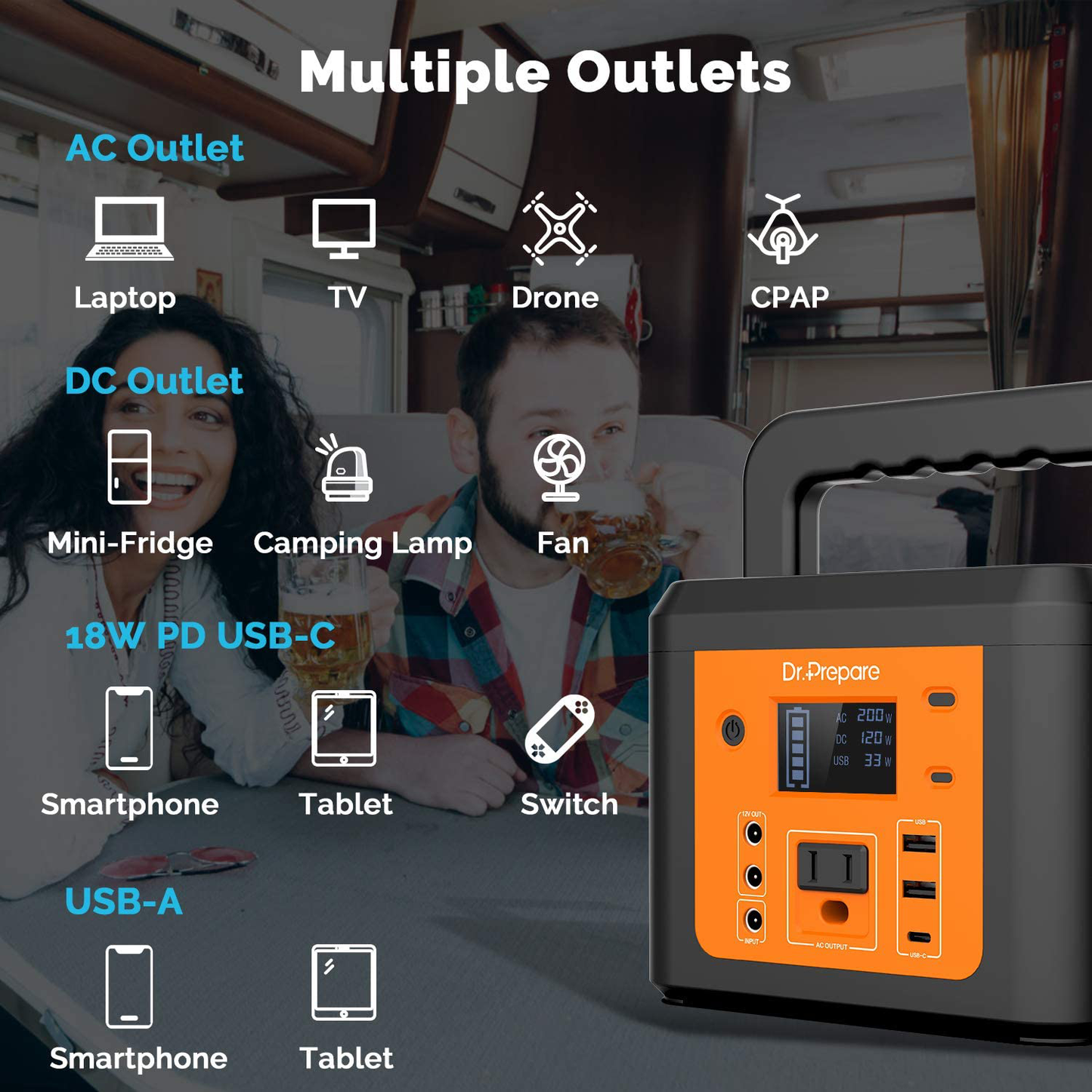 200W Peak Portable Power Station, Dr. Prepare 178Wh 48000mAh Solar Generator Outdoor Battery Backup Supply, CPAP Lithium Battery for Home, Camping with 180W AC Outlet, 2 DC Ports for Emergency House