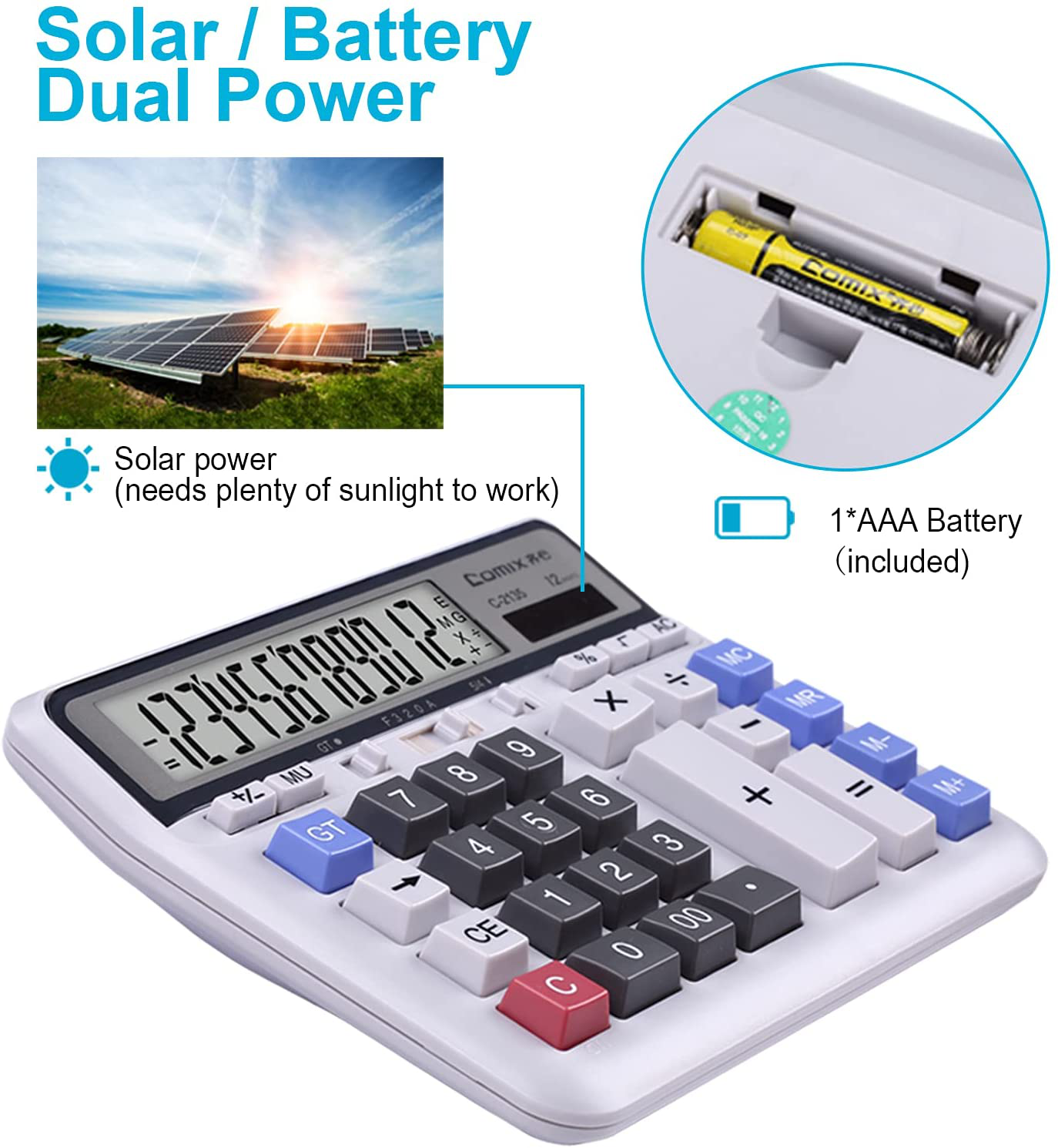 Comix Desktop Calculator Solar Battery Dual Power with 12-Digit Large LCD Display and Large Computer Keys Office Calculator for Home Office School
