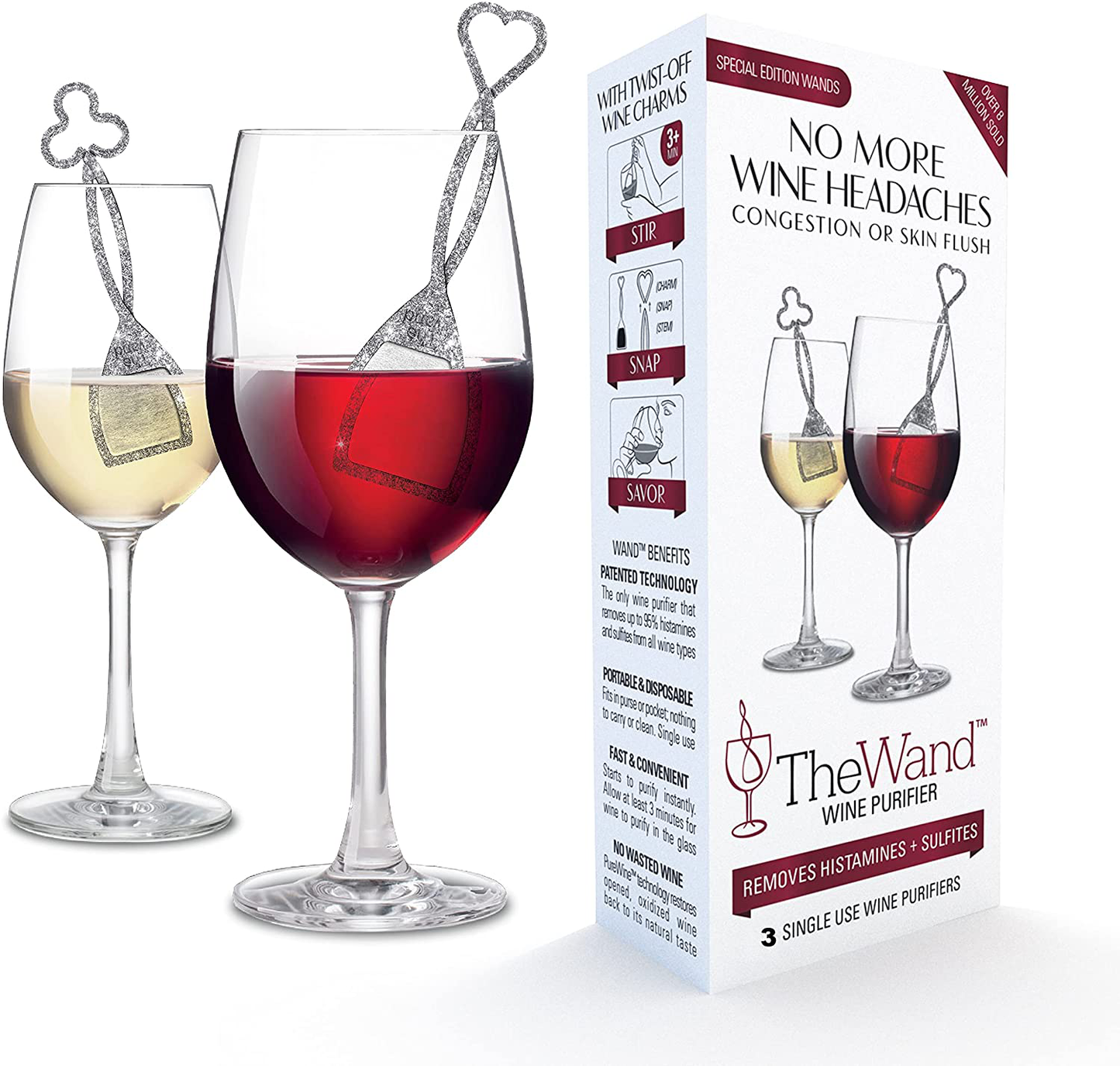 PureWine Wand Purifier Filter Stick Removes Histamines and Sulfites - Reduces Wine Allergies & Eliminates Headaches - Drop It & Stir Aerates Restoring Taste & Purity - Pack of 72