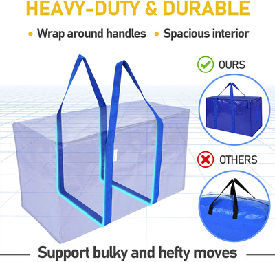 Extra Large Moving Bags with Zippers & Carrying Handles, Heavy-Duty Storage Tote for Space Saving Moving Storage (Blue)