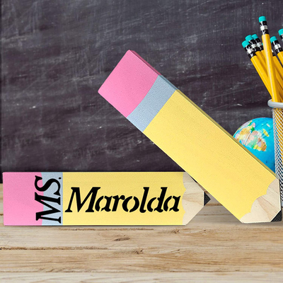 Teacher Gifts - 2 Pack Personalized Pencil Teacher Name Plates - Christmas Teacher Supplies Appreciation Gift for Women Men Desk Sign Classroom School Decor