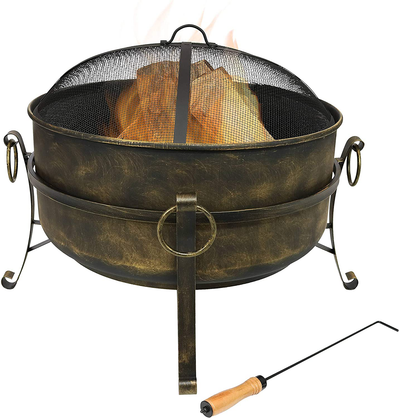 Sunnydaze Cauldron Outdoor Fire Pit - 24 Inch Deep Bonfire Wood Burning Patio & Backyard Firepit for Outside with Round Spark Screen, Fireplace Poker, and Metal Grate