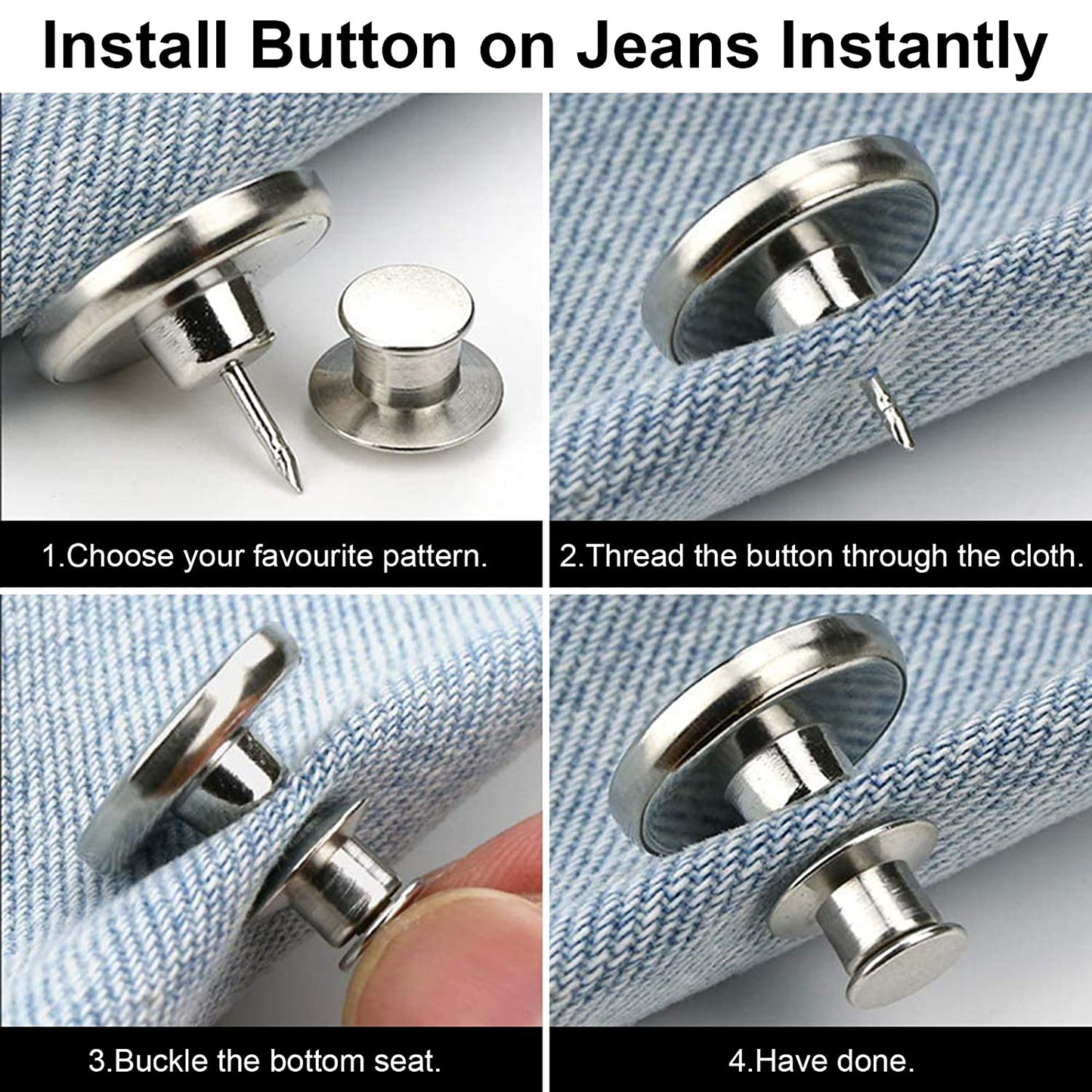 [Upgraded] 8 Sets Button Pins for Jeans, TOOVREN Perfect Fit Jean Button Replacement, 4 Styles Adjustable Jean Button Pins Metal Clips Snap Tack, No Sew Instant Extend or Reduce Any Pants Waist