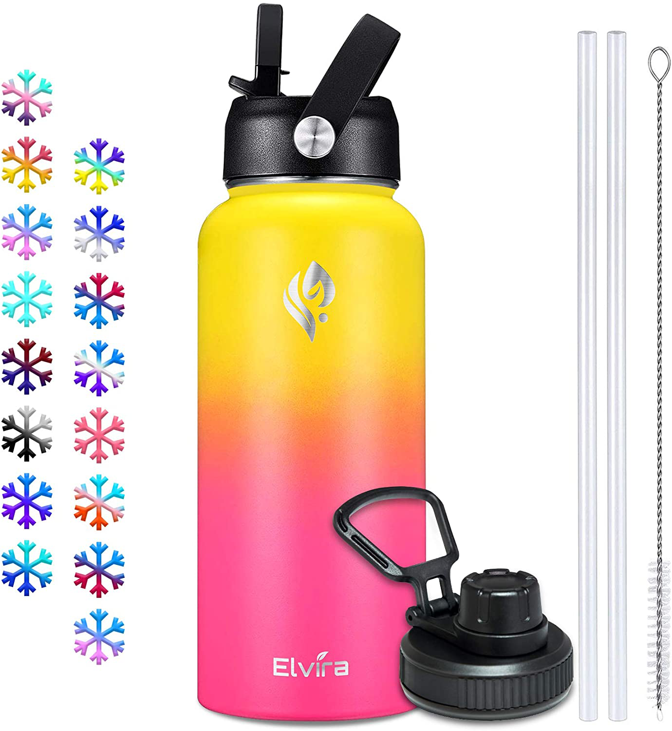 Elvira 32oz Vacuum Insulated Stainless Steel Water Bottle with Straw & Spout Lids, Double Wall Sweat-Proof BPA Free to Keep Beverages Cold for 24Hrs or Hot for 12Hrs