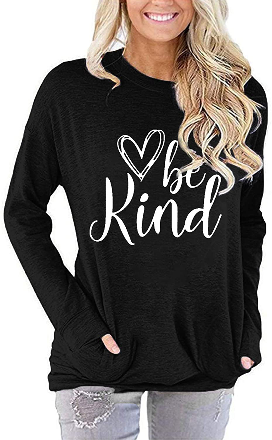 ZILIN Women's Casual Letter Print Crewneck T-Shirt Long Sleeve Tunic Tops Sweatshirt with Pockets