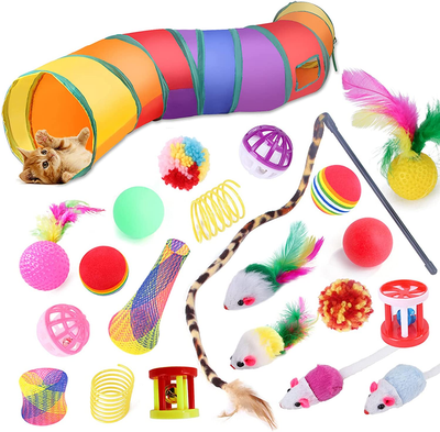 22PCS Rainbow Interactive Cat Toys Cats Tunnel with Bell Mouse Ball Crinkle Feather String, Kitten Toys for Indoor Cats Pet Puppy, Kitty Toy Set for Cat Hiding Hunting and Training