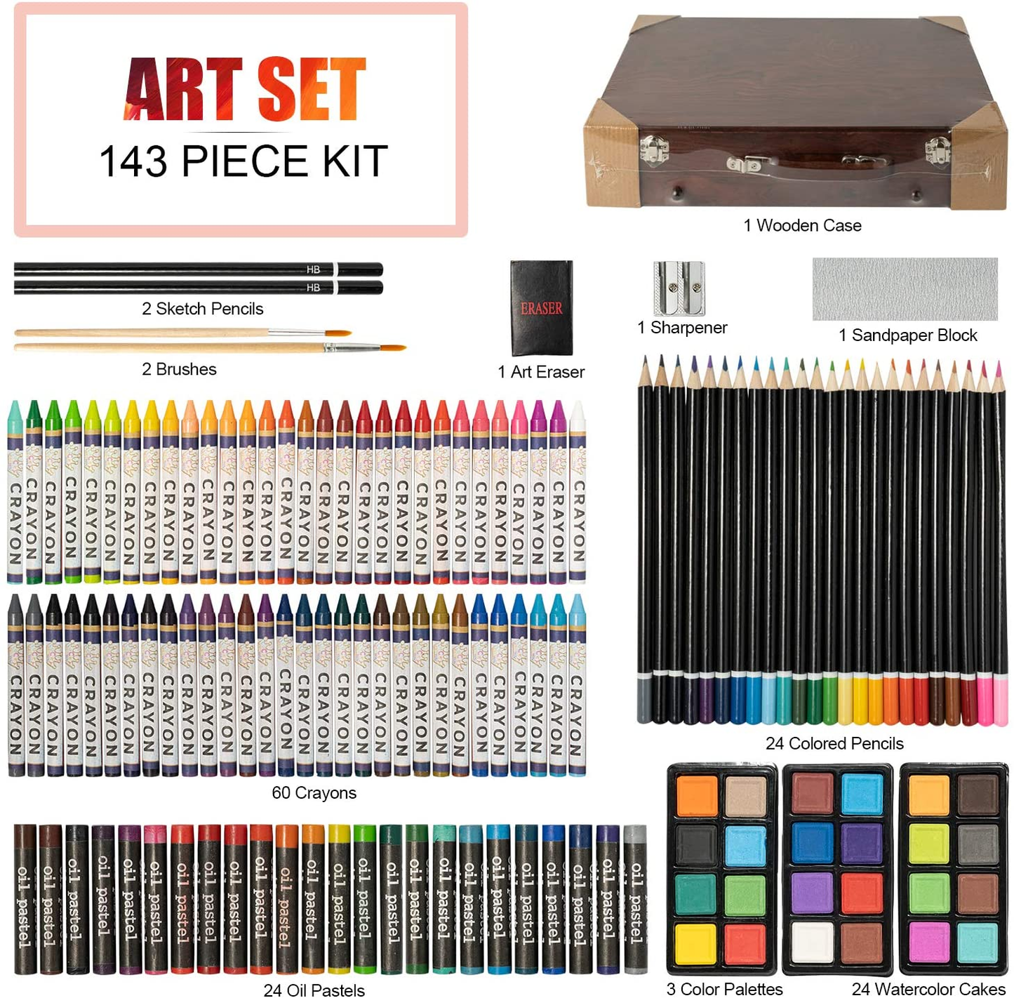 143 Piece Deluxe Art Set, Artist Drawing & Painting Set, Art Supplies with Wooden Case, Professional Art Kit Set