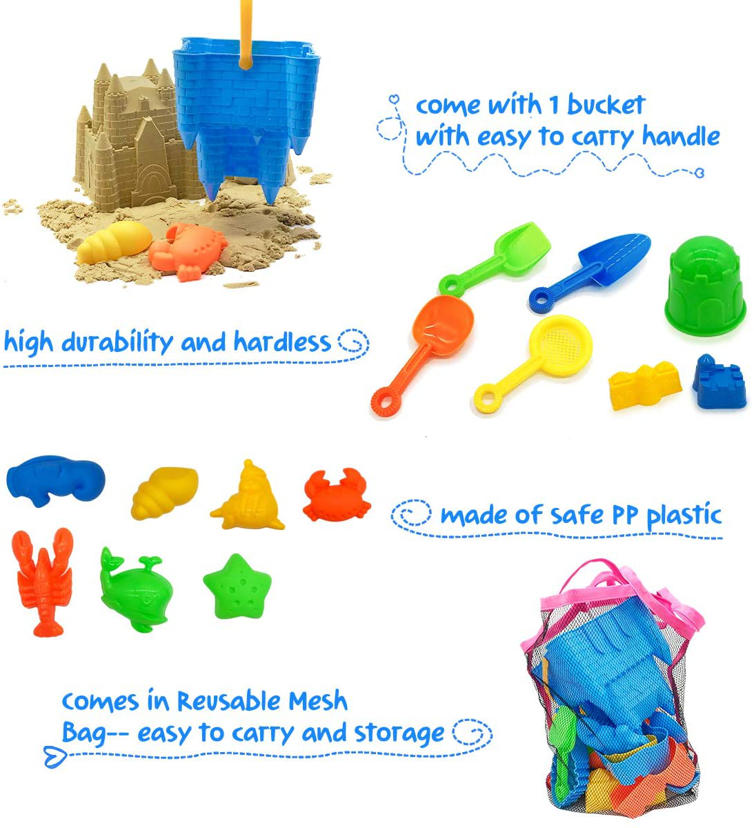Kids Beach Sand Toys Set, 27pcs Beach Toys Castle Molds Sand Molds, Beach Bucket, Beach Shovel Tool Kit, Sandbox Toys for Toddlers, for Toddlers Kids Outdoor Indoor Play Gift 1 Bonus Mesh Bag Include