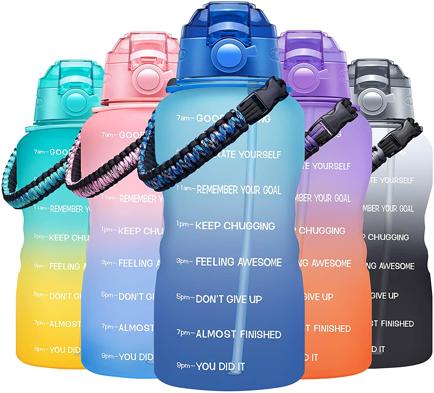 Fidus Large Half Gallon/64OZ Motivational Water Bottle with Paracord Handle & Removable Straw - BPA Free Leakproof Water Jug with Time Marker to Ensure You Drink Enough Water Daily