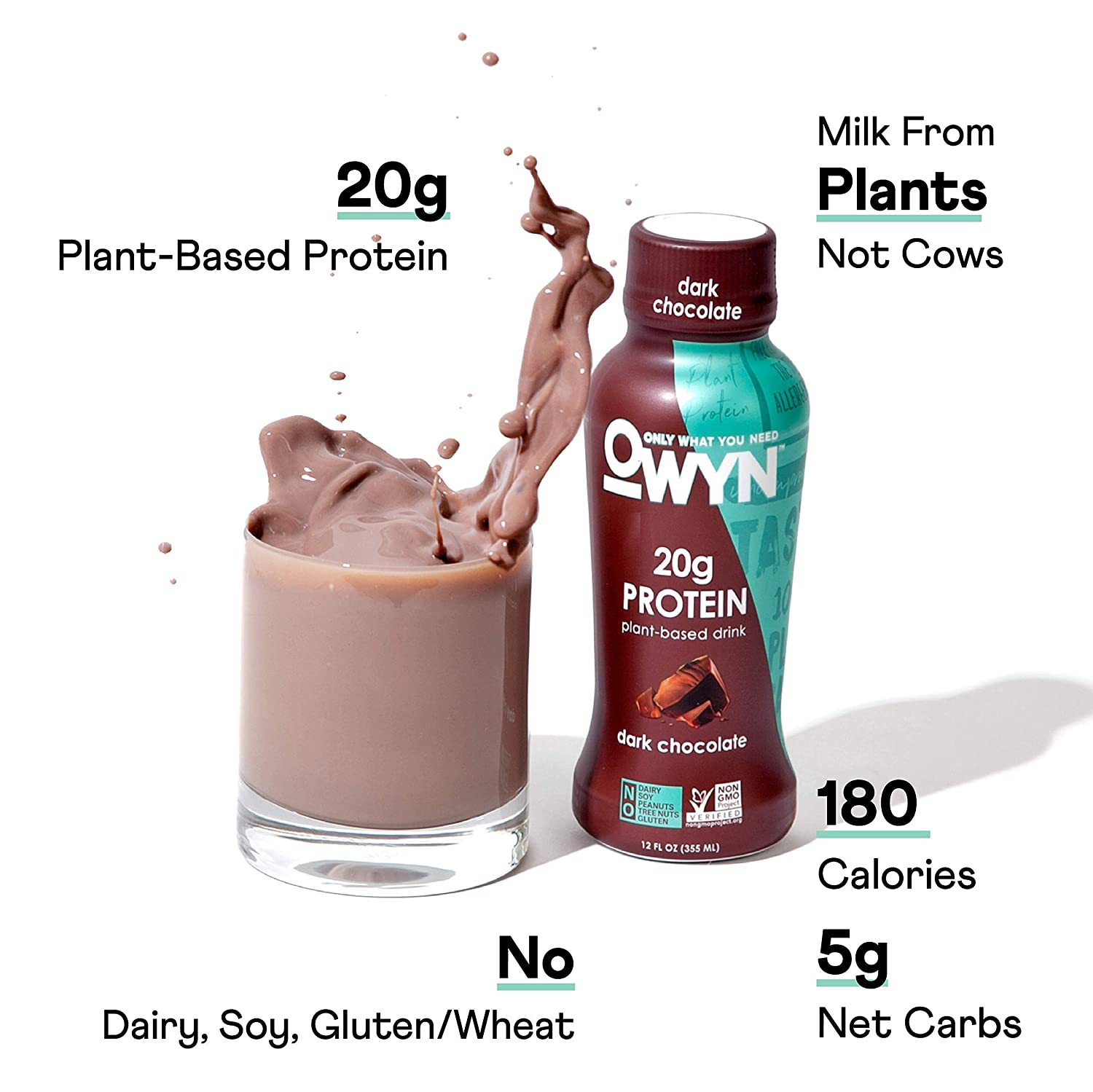 OWYN Plant Based Protein Shake, Dark Chocolate, with 20G Vegan Protein from Organic Pumpkin Seed, Flax, Pea Blend, Omega-3, Prebiotic Supplements and Superfoods Greens Blend for an All-In-One Nutritional Shake, Gluten and Soy-Free, Non-Gmo (12 Pack)