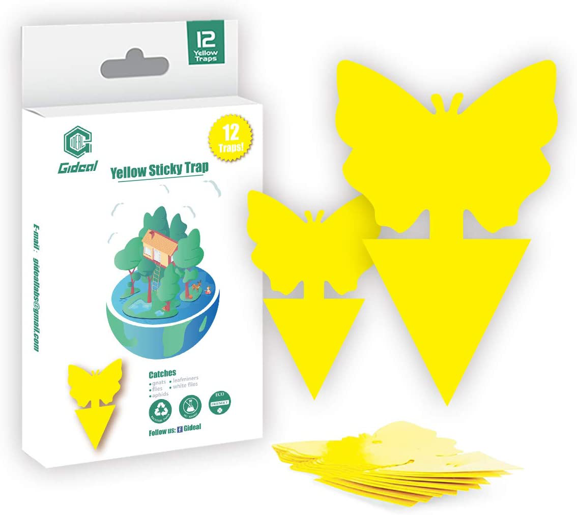 Gideal 12-Pack Dual-Sided Yellow Sticky Traps for Indoor/Outdoor Use, Gnat Trap for Flying Plant Insect Such as Fungus Gnats, Whiteflies, Aphids, Fruit Fly, Leafminers, Etc - Garden Butterfly Shape