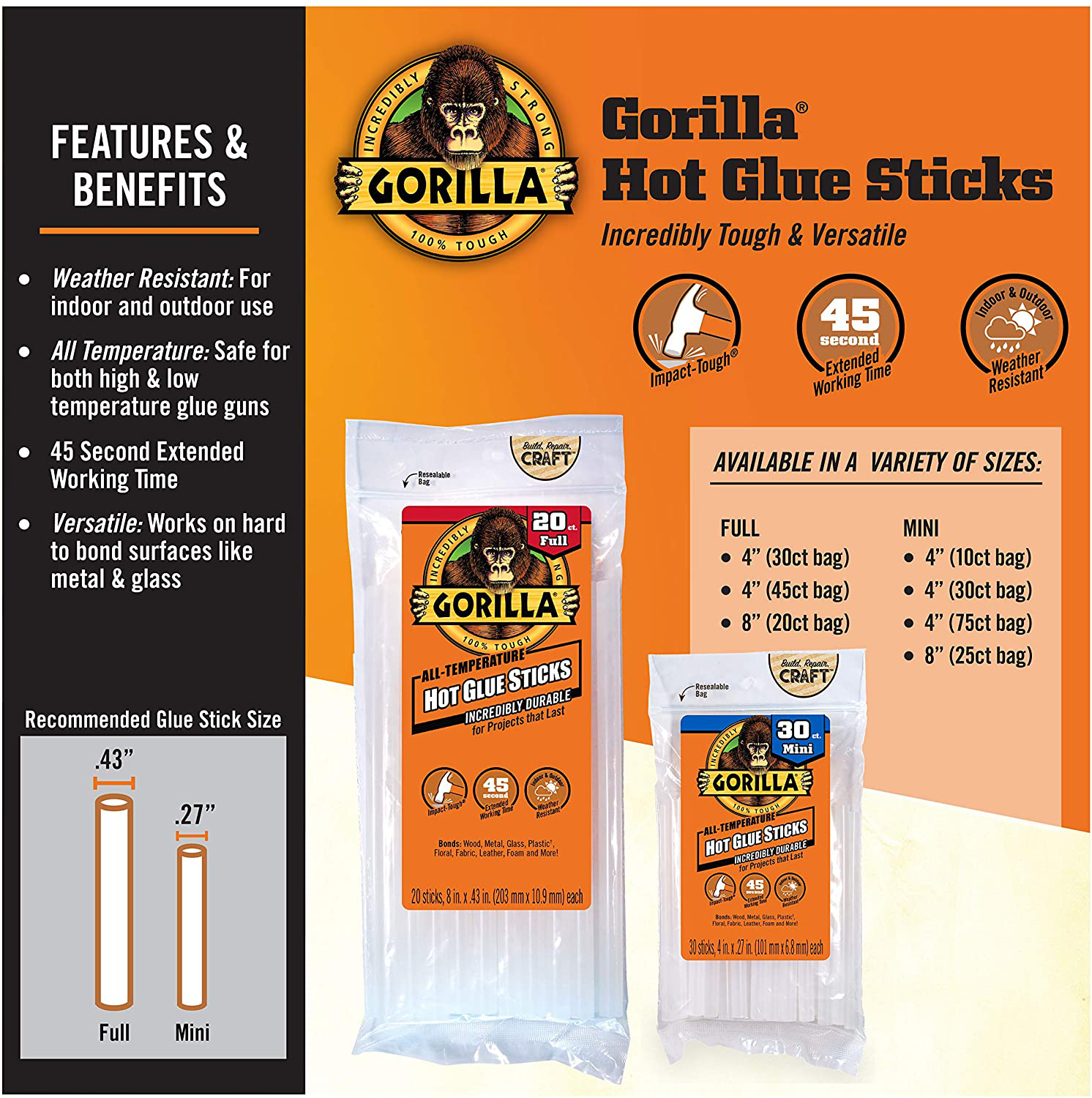 Gorilla Hot Glue Sticks, Full Size, 8" Long x .43" Diameter, 20 Count, Clear, (Pack of 1) 