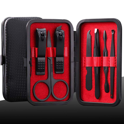 Manicure Kit Nail Clippers Set Stainless Steel Professional Pedicure Black 7 in 1 Grooming Kit Nail Scissors Cutter Ear Pick Tweezers Scissors Eyebrow Nail File for Man&Women Gift (Red_7In1)
