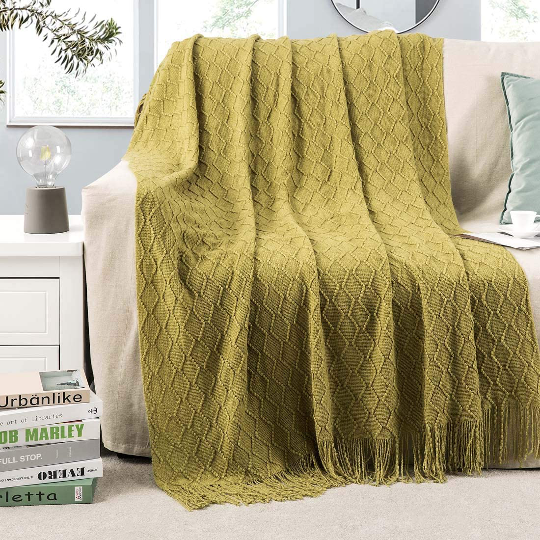 Revdomfly Mustard Yellow Throw Blanket with Fringe Decorative Farmhouse Knitted Throw Blanket for Sofa Couch Bed, 50" x 67", Yellow