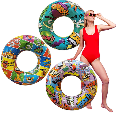 Pack of 3 Pop-Art Comics Inflatable Rings, Pool Float Tube Raft, Beach Summer Party Supplies, Theme Party Favor