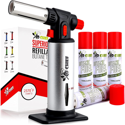Kitchen Torch, blow torch - Refillable Butane Torch With Safety Lock & Adjustable Flame + Fuel gauge - Culinary Torch, Creme Brûlée Torch for Cooking Food, Baking, BBQ + FREE E-book, 4 Cans Included