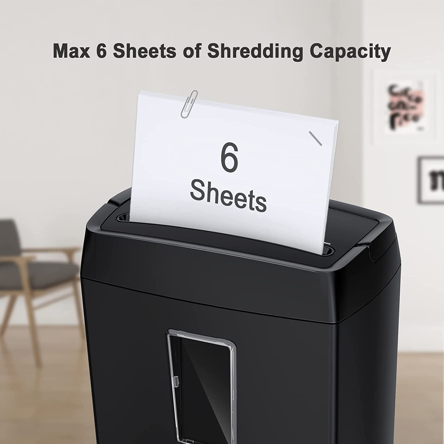 Paper Shredder for Home & Office Use, 6-Sheet Cross-Cut Paper Shredder, 4-Minute Continuous Running Time, 3.4 Gallons Wastebasket, Black 