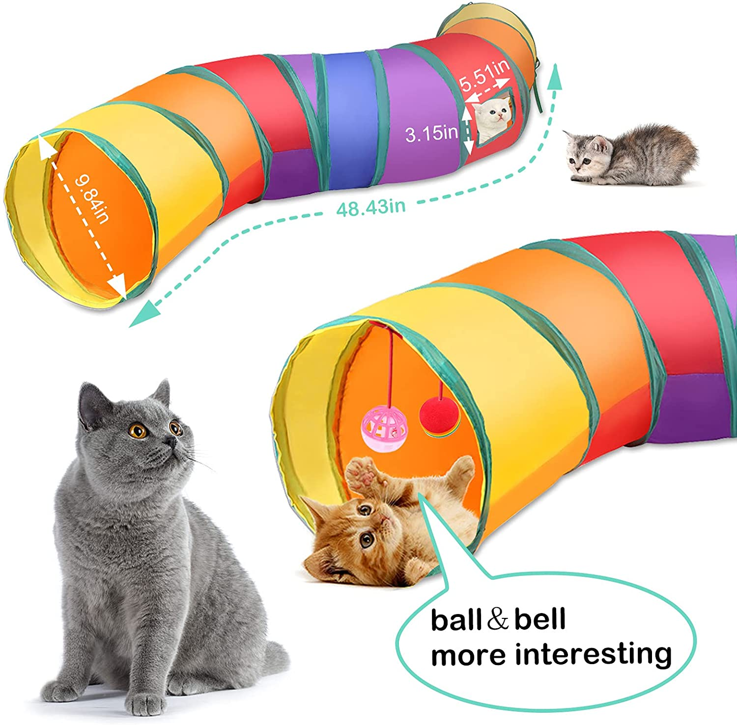 22PCS Rainbow Interactive Cat Toys Cats Tunnel with Bell Mouse Ball Crinkle Feather String, Kitten Toys for Indoor Cats Pet Puppy, Kitty Toy Set for Cat Hiding Hunting and Training