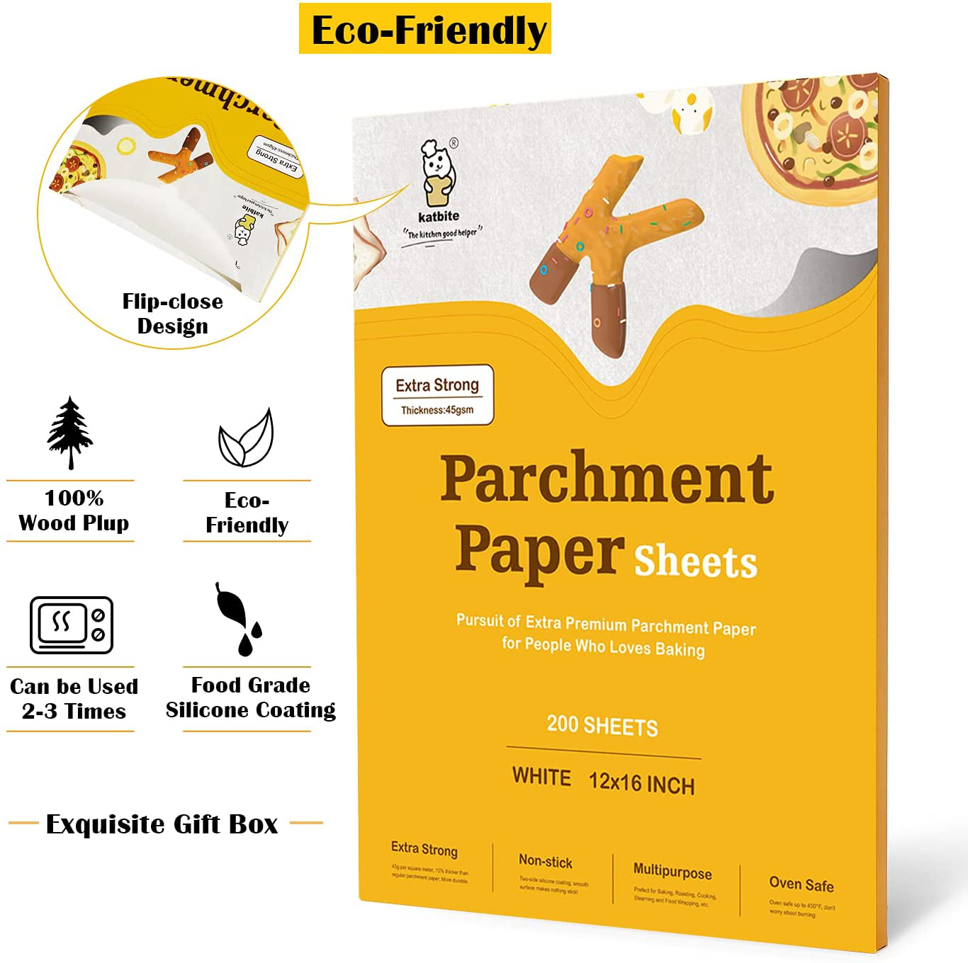 Katbite 200Pcs 9X13 Inch Heavy Duty Parchment Paper Sheets, Precut Parchment Paper for Quarter Sheet Pans Liners, Baking Cookies, Bread, Meat, Pizza, Toaster Oven (9"X13")