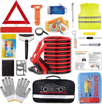Car Roadside Emergency Kit,Auto Vehicle Safety Road Side Assistance Kits with Jumper Cables,Safety Hammer,Reflective Warning Triangle,Tire Pressure Gauge,Tow Rope,Etc