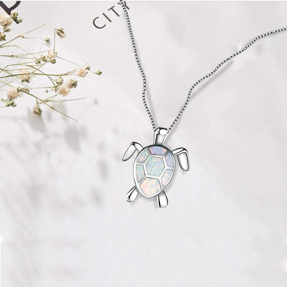 MICHIKO Cute Turtle Pendant Necklace Lovely Animals White Fire Opal 925 Sterling Silver Necklace Jewellery Gifts (White)