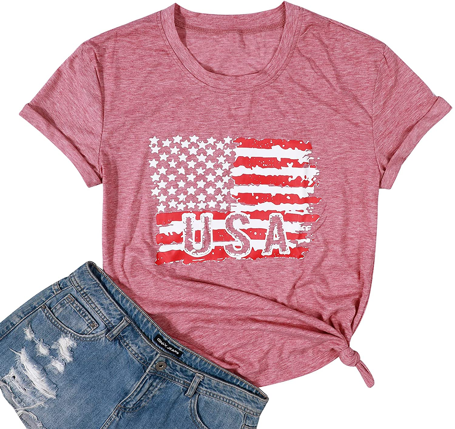 Women American Flag Shirt USA 4Th of July Independence Day T-Shirt Patriotic Stars Stripes Short Sleeve Tee Tops