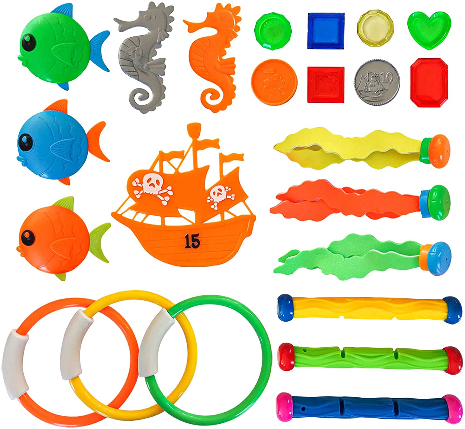 Pool Diving Toy , Underwater Swimming Toys with Diving Rings, Diving Sticks, Diving Fish, Diving Gems, Diving Octopus, Pirate Ship for Kids (Set of 25)