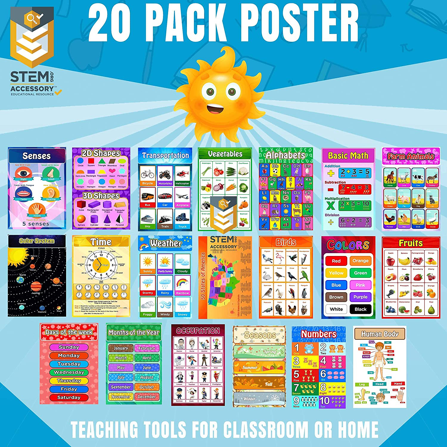 20 Large STEM Educational Posters for Kids Preschool Posters Educational Posters for Toddlers I Laminated Alphabets Posters Numbers Months US States Solar Systems Animals Human Body (11” X 17")