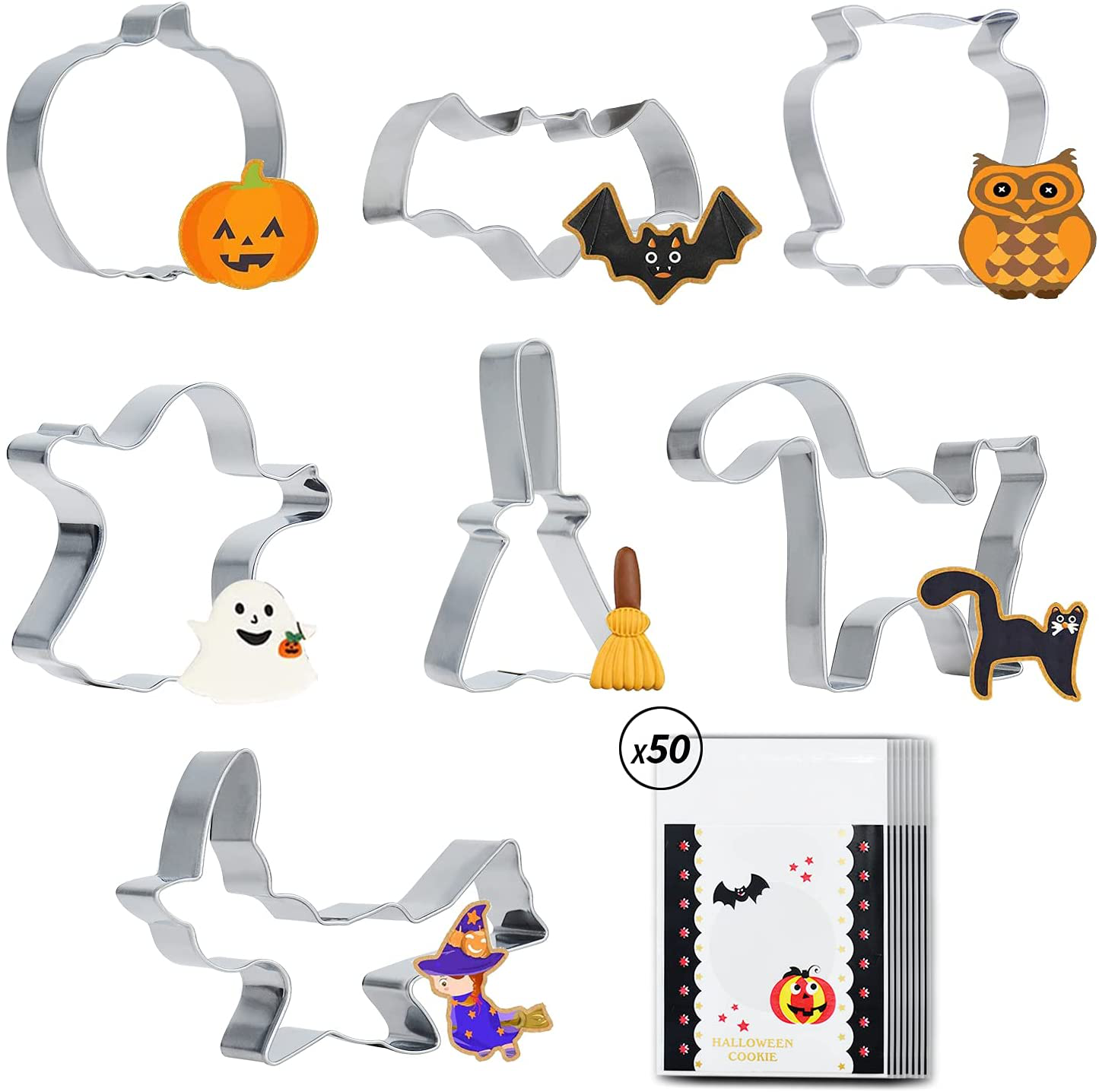 7PCS Halloween Cookie Cutters Stainless Steel Large Cookie Cutter for Baking Cookies-Pumpkin, Bat, Ghost, Cat Broom,Owl and Witch Hat Shapes Trick or Treat Supplies with 50 Cookie Bags