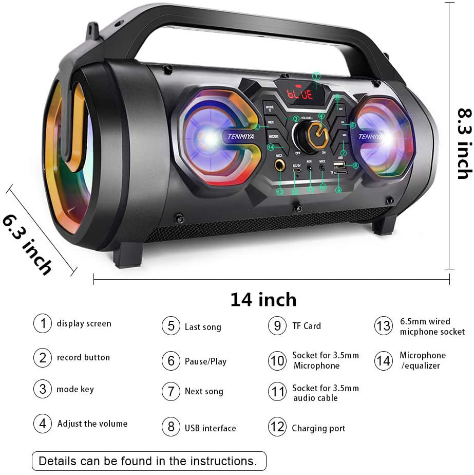 Bluetooth Speakers, 30W Portable Bluetooth Boombox with Subwoofer, FM Radio, RGB Colorful Lights, EQ, Stereo Sound, Booming Bass, 10H Playtime Wireless Outdoor Speaker for Home, Party, Camping, Travel