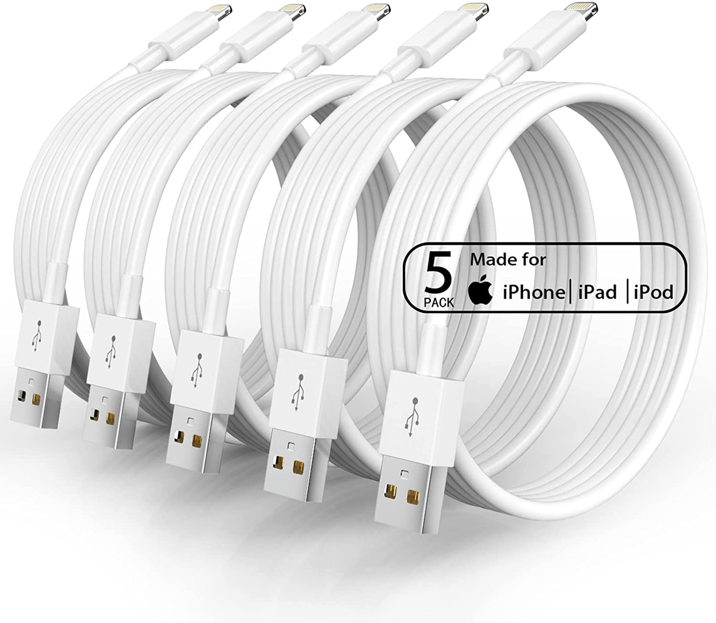 5 Pack - Apple Mfi Certified - 10 Foot Fast Charging iPhone Charger Long Lightning USB Cable 